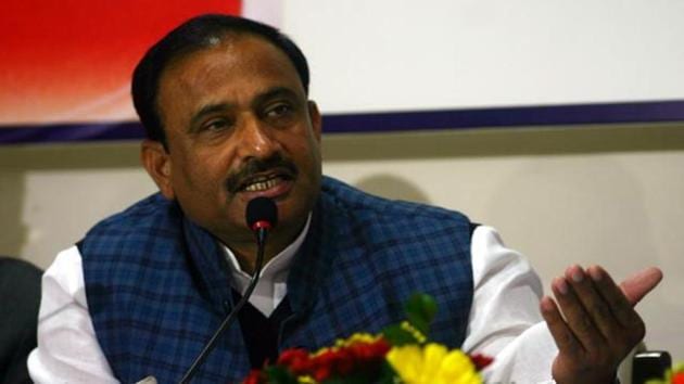 Home minister Bhupendra Singh addressing a press conference in Bhopal. (HT FIlePhoto)