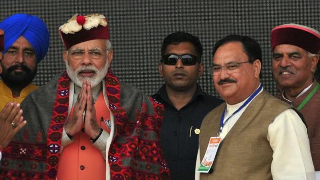 Prime Minister Narendra Modi along with Union health minister JP Nadda during the party’s campaign rally at Dhaulla Kuan in Sirmour, Himachal Pradesh, on November 2, 2017. (Ravi Kumar//HT File Photo) Prime Minister Narendra Modi along with Union health minister JP Nadda during the party’s campaign rally at Dhaulla Kuan in Sirmour, Himachal Pradesh, on November 2, 2017. (Ravi Kumar//HT File Photo)