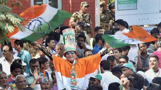 Congress supporters celebrate after a party candidate's win in the assembly elections in Gujarat.(PTI) Congress supporters celebrate after a party candidate's win in the assembly elections in Gujarat.(PTI)
