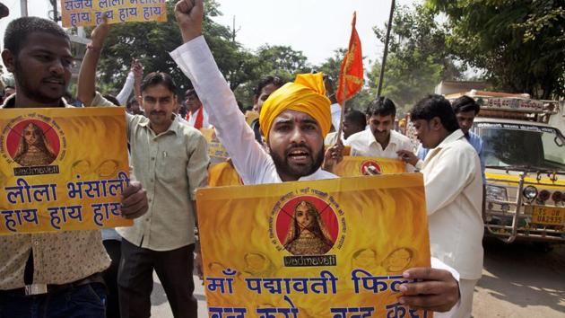 Members of India's Rajput community shout slogans as they protest against the release of Bollywood film Padmavati in Hyderabad.(AP) Members of India's Rajput community shout slogans as they protest against the release of Bollywood film Padmavati in Hyderabad.(AP)