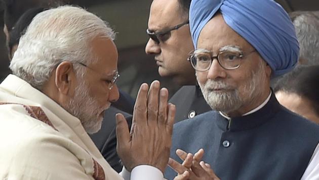 Prime Minister Narendra Modi greets former Prime Minister Manmohan Singh during a recent event. (Ajay Aggarwal/HT File Photo) Prime Minister Narendra Modi greets former Prime Minister Manmohan Singh during a recent event. (Ajay Aggarwal/HT File Photo)