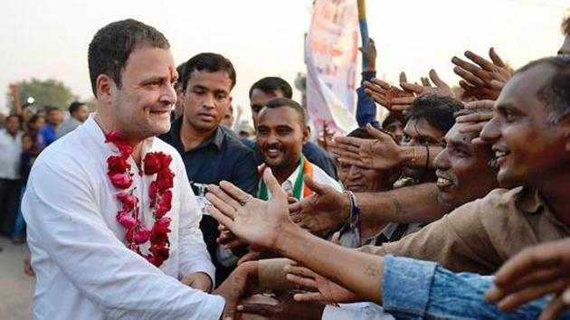 Congress president Rahul Gandhi being greeted by supporters at public meeting at Nari Chokdi, Bhavnagar in Gujarat. (PTI Photo) Congress president Rahul Gandhi being greeted by supporters at public meeting at Nari Chokdi, Bhavnagar in Gujarat. (PTI Photo)