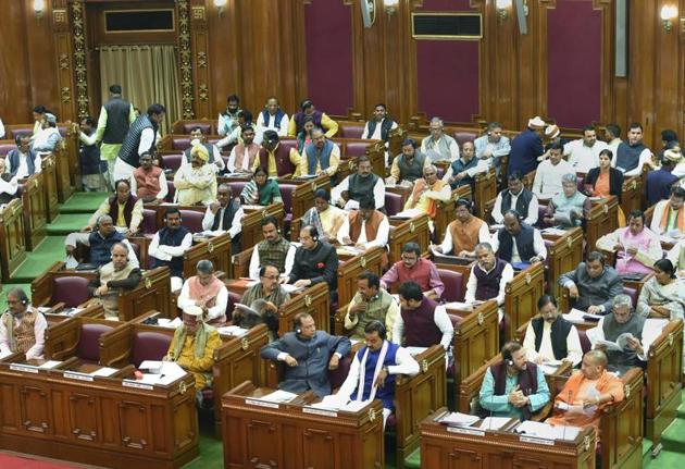 Uttar Pradesh Chief Minister Yogi Aditiyanath, Parliamentary Affairs Minister Suresh Khanna and other members attend the winter session of U P Assembly, in Lucknow on Monday. (PTI) Uttar Pradesh Chief Minister Yogi Aditiyanath, Parliamentary Affairs Minister Suresh Khanna and other members attend the winter session of U P Assembly, in Lucknow on Monday. (PTI)