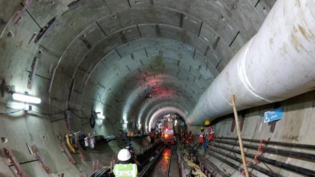 The first tunnel boring machine, lowered in September, completes drilling 50m for the 33.5-km underground Metro- 3 line at the launching shaft at Naya Nagar in Mahim. (MMRC) The first tunnel boring machine, lowered in September, completes drilling 50m for the 33.5-km underground Metro- 3 line at the launching shaft at Naya Nagar in Mahim. (MMRC)