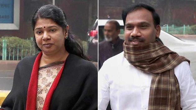 DMK member Kanimozhi and former telecom minister A Raja arrive at the Patiala House court in connection with the 2G scam case. (PTI photos)