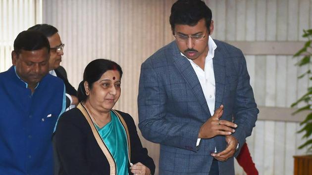 External affairs minister Sushma Swaraj and sports minister Rajyavardhan Singh Rathore arrive for the BJP Parliamentary party meeting, in New Delhi. (PTI Photo) External affairs minister Sushma Swaraj and sports minister Rajyavardhan Singh Rathore arrive for the BJP Parliamentary party meeting, in New Delhi. (PTI Photo)