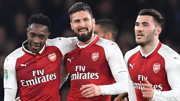 Danny Welbeck (L) celebrates after scoring for Arsenal in their EFL Cup match against West Ham. (AFP) Danny Welbeck (L) celebrates after scoring for Arsenal in their EFL Cup match against West Ham. (AFP)