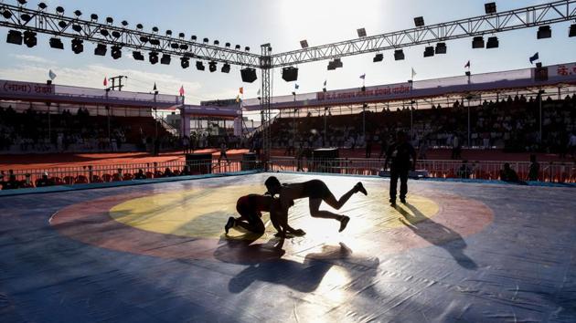 Two wrestlers fight it out on the mat category of the state-level competition. (Sanket Wankhade/HT PHOTO) Two wrestlers fight it out on the mat category of the state-level competition. (Sanket Wankhade/HT PHOTO)
