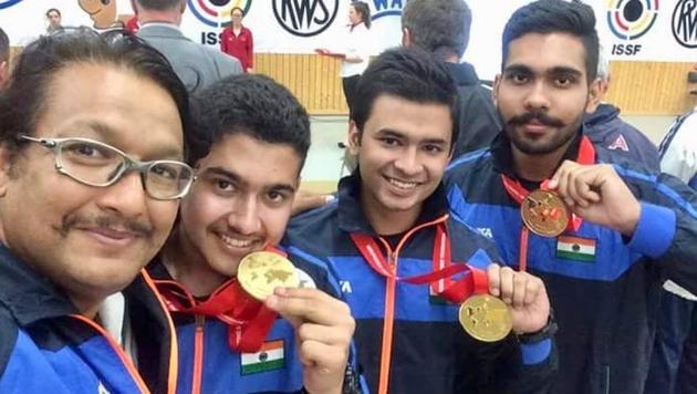 Teenage pistol shooter from Haryana Anish Bhanwala (2R) continued his impressive run at the National Championships currently underway in Thiruvananthapuram, winning gold in 25m rapid-fire pistol. (HT Photo) Teenage pistol shooter from Haryana Anish Bhanwala (2R) continued his impressive run at the National Championships currently underway in Thiruvananthapuram, winning gold in 25m rapid-fire pistol. (HT Photo)