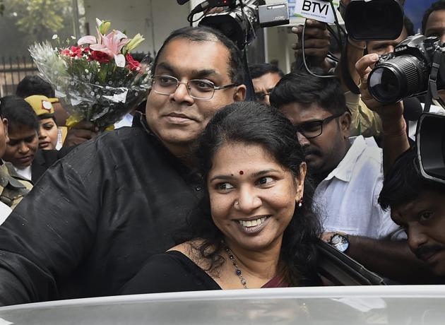 DMK MP Kanimozhi and her husband G Aravindan celebrate in Delhi after the politician was acquitted by a special court in the 2G scam case in Delhi on December 21.(PTI)