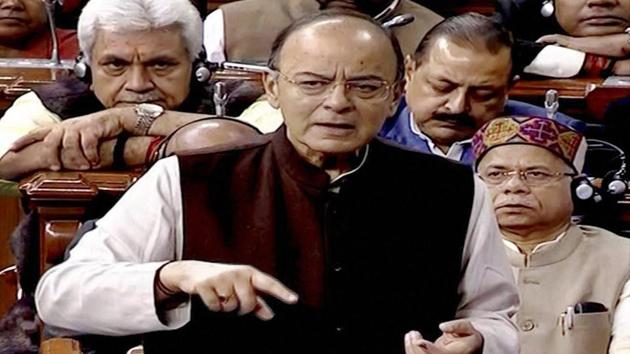 Finance minister Arun Jaitley speaks in the Lok Sabha during the winter session of Parliament, in New Delhi.(PTI Photo)