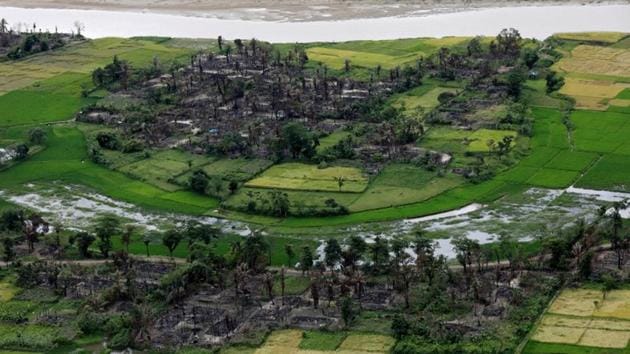 An aerial view of a burned Rohingya village near Maungdaw, north of Rakhine state in Myanmar. (REUTERS) An aerial view of a burned Rohingya village near Maungdaw, north of Rakhine state in Myanmar. (REUTERS)