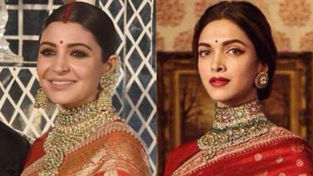 Actor Anushka Sharma wore a red sari by designer Sabyasachi Mukherjee for her wedding reception on Thursday. Actor Deepika Padukone too has a thing for the designer and has opted to wear his designs on many occasions.(Instagram)