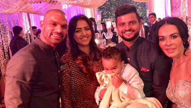 Kohli’s international teammates Shikhar Dhawan (L) and Suresh Raina (2R) were also at Thursday’s wedding reception. (Twitter/suresh Raina) Kohli’s international teammates Shikhar Dhawan (L) and Suresh Raina (2R) were also at Thursday’s wedding reception. (Twitter/suresh Raina)