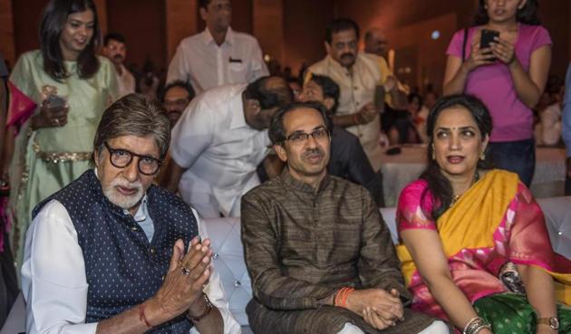 Actor Amitabh Bachchan with Uddhav and Rashmi Thackeray at the launch of the biopic on Thackeray on Thursday evening. (Satish Bate/HT Photo) Actor Amitabh Bachchan with Uddhav and Rashmi Thackeray at the launch of the biopic on Thackeray on Thursday evening. (Satish Bate/HT Photo)
