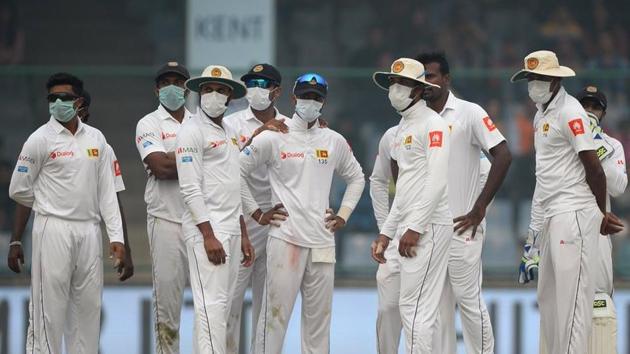 Indian cricket team’s third Test against Sri Lanka at the Feroz Shah Kotla Stadium made headlines for the wrong reasons. Delhi’s polluted air forced the visitors to wear masks during the match.(Twitter)