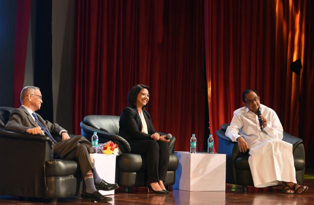 Former finance minister P Chidambaram, Infosys co-founder NR Narayana Murthy, and journalist Faye D'souza during a panel discussion at Mood Indigo at IIT-Bombay. (HT Photo) Former finance minister P Chidambaram, Infosys co-founder NR Narayana Murthy, and journalist Faye D'souza during a panel discussion at Mood Indigo at IIT-Bombay. (HT Photo)