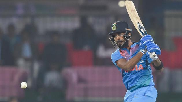 Indian batsman KL Rahul plays a shot during the second T20 International against Sri Lanka at the Holkar Stadium in Indore on Friday.(AFP)