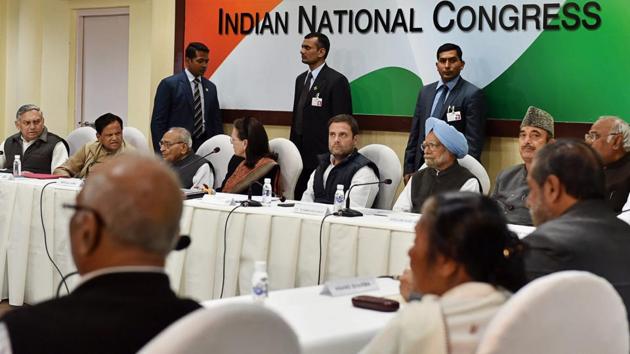 Congress president Rahul Gandhi chairs a meeting of the Congress Working Committee (CWC) in New Delhi on Friday.(PTI)
