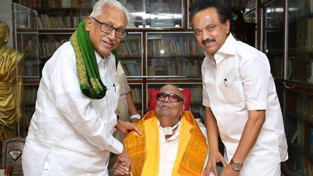 DMK working president MK Stalin and senior leader K Anbhazhagan calling on ailing DMK chief M Karunanidhi to apprise him of the acquittal of A Raja and Kanimozhi in the 2G scam case. (PTI Photo) DMK working president MK Stalin and senior leader K Anbhazhagan calling on ailing DMK chief M Karunanidhi to apprise him of the acquittal of A Raja and Kanimozhi in the 2G scam case. (PTI Photo)