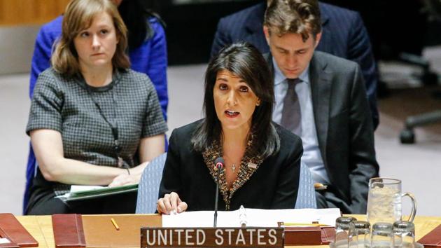US Ambassador to the UN Nikki Haley speaks during a UN Security Council meeting over Donald Trump's recognition of Jerusalem as the capital of Israel on December 18, 2017, at UN Headquarters in New York. (Kena Betancur / AFP) US Ambassador to the UN Nikki Haley speaks during a UN Security Council meeting over Donald Trump's recognition of Jerusalem as the capital of Israel on December 18, 2017, at UN Headquarters in New York. (Kena Betancur / AFP)