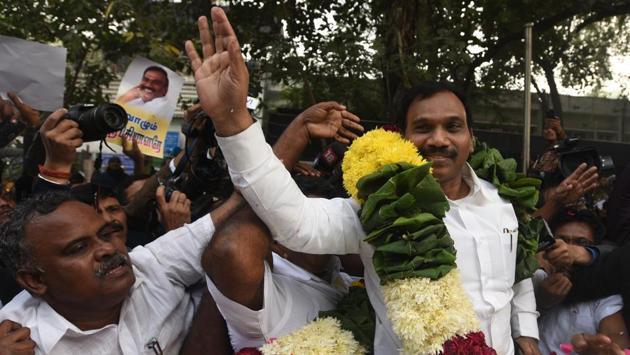 DMK Leader and former Union Telecom Minister A Raja with his supporters after the 2G Case verdict by Patiala House Court in New Delhi on Thursday. A special court hearing ruled that the prosecution has not proved the charges against the accused in any of the cases. (Sonu Mehta / HT PHOTO)