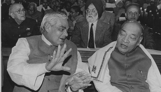 Atal Bihari Vajpayee interacts with PV Narasimha Rao in an undated photograph.(HT File)