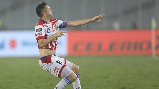 Robert Keane of ATK celebrates his goal during the Indian Super League match against Delhi Dynamos FC in Kolkata on Saturday. (ISL) Robert Keane of ATK celebrates his goal during the Indian Super League match against Delhi Dynamos FC in Kolkata on Saturday. (ISL)