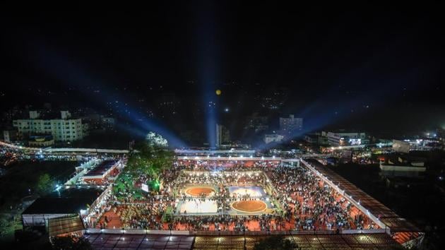 An aerial view of the venuee where Maharashtra Kesari tournament is being held at Bhugao in Pune. (Sanket Wankhade/HT PHOTO) An aerial view of the venuee where Maharashtra Kesari tournament is being held at Bhugao in Pune. (Sanket Wankhade/HT PHOTO)