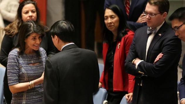US Ambassador to the United Nations Nikki Haley (L) speaks with Chinese Deputy Ambassador to the United Nations Wu Haitao (R) ahead of the United Nations Security Council session on imposing new sanctions on North Korea, in New York on December 22. (REUTERS) US Ambassador to the United Nations Nikki Haley (L) speaks with Chinese Deputy Ambassador to the United Nations Wu Haitao (R) ahead of the United Nations Security Council session on imposing new sanctions on North Korea, in New York on December 22. (REUTERS)