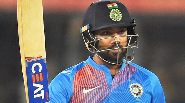 Rohit Sharma celebrates his century during India’s second T20 encounter against Sri Lanka in Indore on Friday. (PTI) Rohit Sharma celebrates his century during India’s second T20 encounter against Sri Lanka in Indore on Friday. (PTI)
