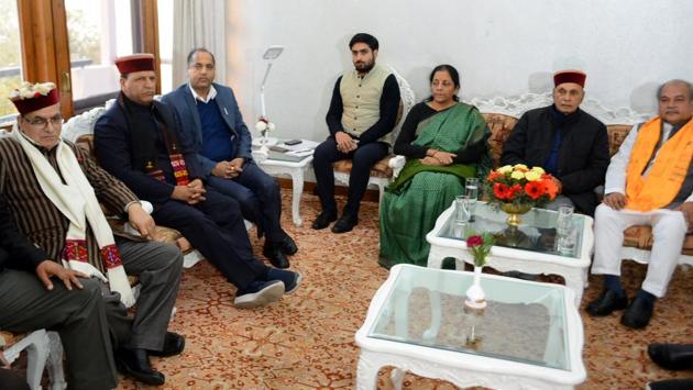 Defence minister Nirmala Sitharaman during a meeting with senior BJP leaders in Shimla on Thursday. (Deepak Sansta/HT Photo) Defence minister Nirmala Sitharaman during a meeting with senior BJP leaders in Shimla on Thursday. (Deepak Sansta/HT Photo)