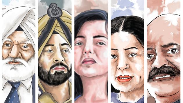 (Left to right) Justic S S Saron, T S Luthra, Varnika Kundu, Kirron Kher and VP Singh Badnore. (Sketches by Daljeet Kaur Sandhu) (Left to right) Justic S S Saron, T S Luthra, Varnika Kundu, Kirron Kher and VP Singh Badnore. (Sketches by Daljeet Kaur Sandhu)