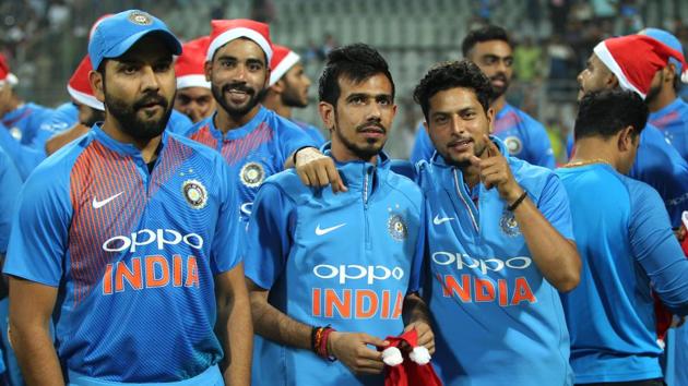 (L to R) Rohit Sharma, Yuzvendra Chahal and Kuldeep Yadav shares a light moment after the match. (BCCI) 