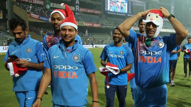 MS Dhoni (R) led the charge in the celebrations as he was joking around with his teammates. (BCCI) 