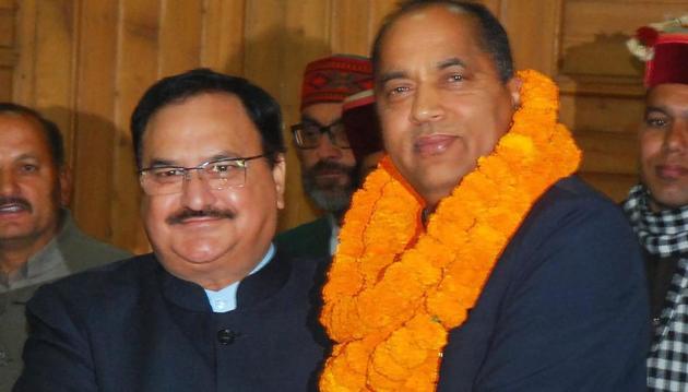Union health minister and BJP's central observer JP Nadda congratulates Jai Ram Thakur after he was chosen as the BJP's Legislature party leader in Shimla on Sunday.(PTI Photo) Union health minister and BJP's central observer JP Nadda congratulates Jai Ram Thakur after he was chosen as the BJP's Legislature party leader in Shimla on Sunday.(PTI Photo)