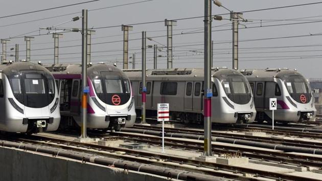 Delhi Metro trains parked at the DMRC’s one and half kilometer elevated train stabling yard at Jasola Vihar in New Delhi. (Mohd Zakir/HT Photo) Delhi Metro trains parked at the DMRC’s one and half kilometer elevated train stabling yard at Jasola Vihar in New Delhi. (Mohd Zakir/HT Photo)