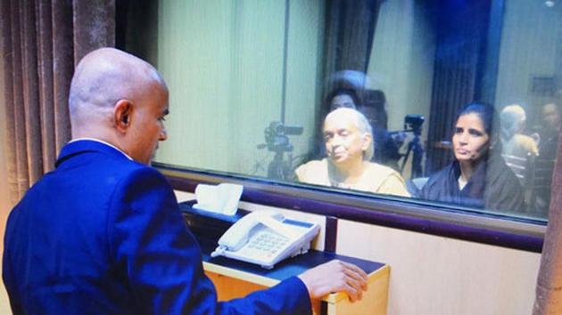 In this handout photo released by Pakistan foreign minister, the wife, right, and mother, centre, of imprisoned Indian naval officer Kulbhushan Jadhav, meet with Jadhav, left, at the foreign ministry in Islamabad. (AP) In this handout photo released by Pakistan foreign minister, the wife, right, and mother, centre, of imprisoned Indian naval officer Kulbhushan Jadhav, meet with Jadhav, left, at the foreign ministry in Islamabad. (AP)