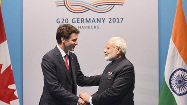 Prime Minister Narendra Modi with his Canadian counterpart Justin Trudeau on the sidelines of the 12th G-20 Summit at Hamburg, Germany, in July. (PTI File) Prime Minister Narendra Modi with his Canadian counterpart Justin Trudeau on the sidelines of the 12th G-20 Summit at Hamburg, Germany, in July. (PTI File)