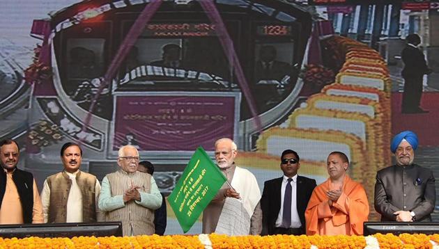 Prime Minister Narendra Modi flags off Metro’s Magenta Line in Noida on Monday. (PTI) Prime Minister Narendra Modi flags off Metro’s Magenta Line in Noida on Monday. (PTI)