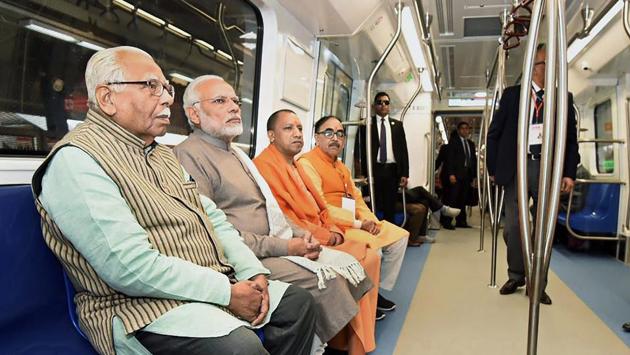 The Prime Minister and other dignitaries later boarded the Metro from Botanical Garden Station to Okhla Bird Sanctuary and proceeded to address a gathering at Amity University. (PIB / PTI) The Prime Minister and other dignitaries later boarded the Metro from Botanical Garden Station to Okhla Bird Sanctuary and proceeded to address a gathering at Amity University. (PIB / PTI)