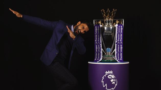 Actor Ranveer Singh poses with the Premier League Trophy in London, England.(Getty Images for Premier League)