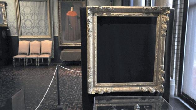 Empty frames from which thieves took "Storm on the Sea of Galilee," left rear, by Rembrandt and "The Concert," right foreground, by Vermeer, remain on display at the Isabella Stewart Gardner Museum in Boston. (AP) Empty frames from which thieves took "Storm on the Sea of Galilee," left rear, by Rembrandt and "The Concert," right foreground, by Vermeer, remain on display at the Isabella Stewart Gardner Museum in Boston. (AP)
