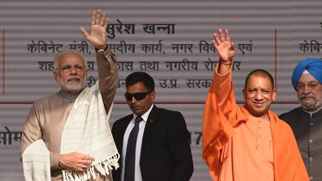 Prime minister Narendra Modi and Uttar Pradesh chief minister Yogi Adityanath at the inauguration of the Botanical Garden-Kalkaji Mandir Metro line in Noida on Monday. (Virendra Singh Gosain/HT Photo) Prime minister Narendra Modi and Uttar Pradesh chief minister Yogi Adityanath at the inauguration of the Botanical Garden-Kalkaji Mandir Metro line in Noida on Monday. (Virendra Singh Gosain/HT Photo)
