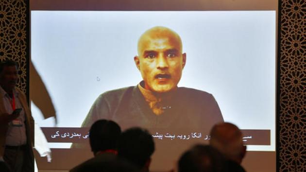 Pakistani journalists watch a video message of imprisoned Indian naval officer Kulbhushan Jadhav during a press conference by foreign ministry spokesman Mohammad Faisal, in Islamabad on Monday. (AP) Pakistani journalists watch a video message of imprisoned Indian naval officer Kulbhushan Jadhav during a press conference by foreign ministry spokesman Mohammad Faisal, in Islamabad on Monday. (AP)