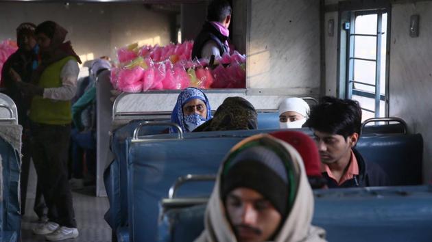 Passengers travelling in the train that now halts at Rashidpur Khori station. Railway officials say if passengers and commercial activity increase, more trains could stop at Rashidpura Khori. (Himanshu Vyas / HT Photo)