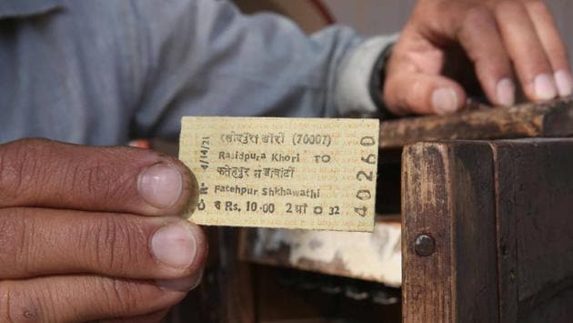 Detail of a ticket sold by Mahendra Kumar from a portable chest to passengers at the railway station. A ticket to Laxmangarh, the nearest to Rashidpura Khori, or Sikar costs Rs 10 and one to Churu costs Rs 20. Bus fares to the same locations are up to three times higher. (Himanshu Vyas / HT Photo)