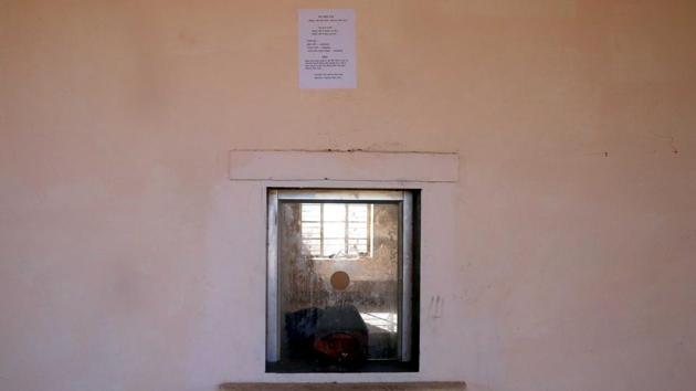 A closed ticket window at the Rashidpur Khori station. According to railways, villagers could keep Rashidpura Khori functional if they managed to generate adequate revenue. The villagers grabbed the offer and formed a committee to motivate people to use the train. (Himanshu Vyas / HT Photo)