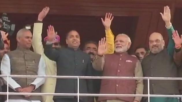 PM Narendra Modi and BJP president Amit Shah with Himachal Pradesh CM Jai Ram Thakur in Shimla. (ANI Photo) PM Narendra Modi and BJP president Amit Shah with Himachal Pradesh CM Jai Ram Thakur in Shimla. (ANI Photo)