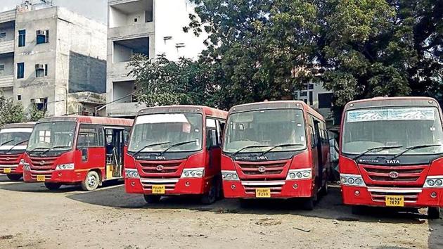 The minibuses bought under the central scheme parked in Bathinda.(HT Photo)